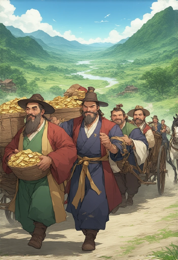 game banner, A group of fat merchants on the road , Next to the scenery, Hang money bags,  was next to a horse-drawn carriage carrying treasure chests, Manhwa Style  