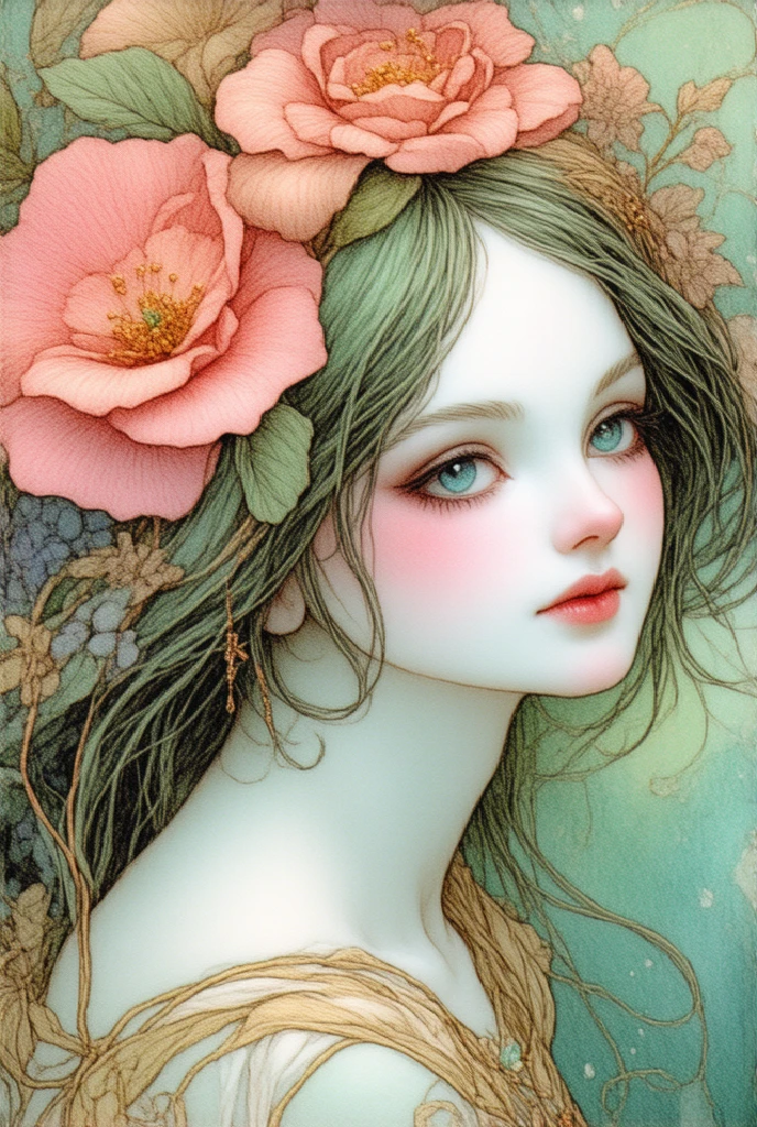  An extremely detailed watercolor painting ， depicts a beautiful woman with flowers in her hair ,  in the style of Alphonse Maria Mucha and Gustav Kilmut, in an art nouveau style accents, Fairy tale princess, Anthropomorphic female, Female figure, Detailed cover design , as goddess of flowers,  Alphonse Mucha's , by Gustav Klimt, pale blue skin, a marble sculpture, CG Society, gothic art, in an art nouveau style, Behance competition winner