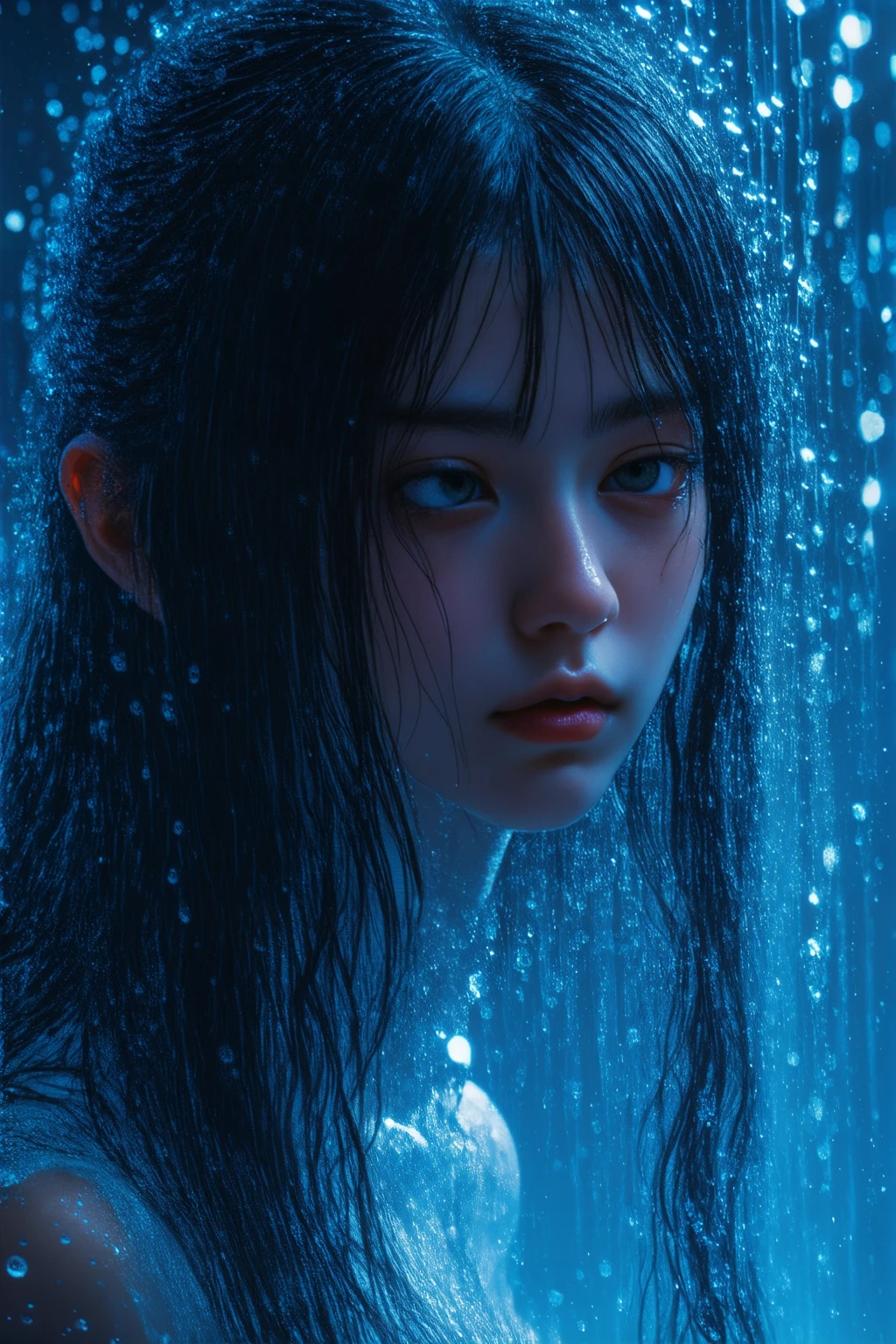 rpg game, Translucent fluid flowing from the_side Translucent fluid flowing from the_下面是由水构成的美丽而可怕的woman (sad expressions:1.2) woman ( with long hair on the side :1.2) Translucent fluid flowing from the水中升起的苔藓烟雾藤蔓搅动的水萤火虫午夜月光背光 (Masterpiece :1.2) () (Detailed) (iintricate) (8 thousand) (HDR) (the wallpaper) ( lamplight ) ( sharp focus )