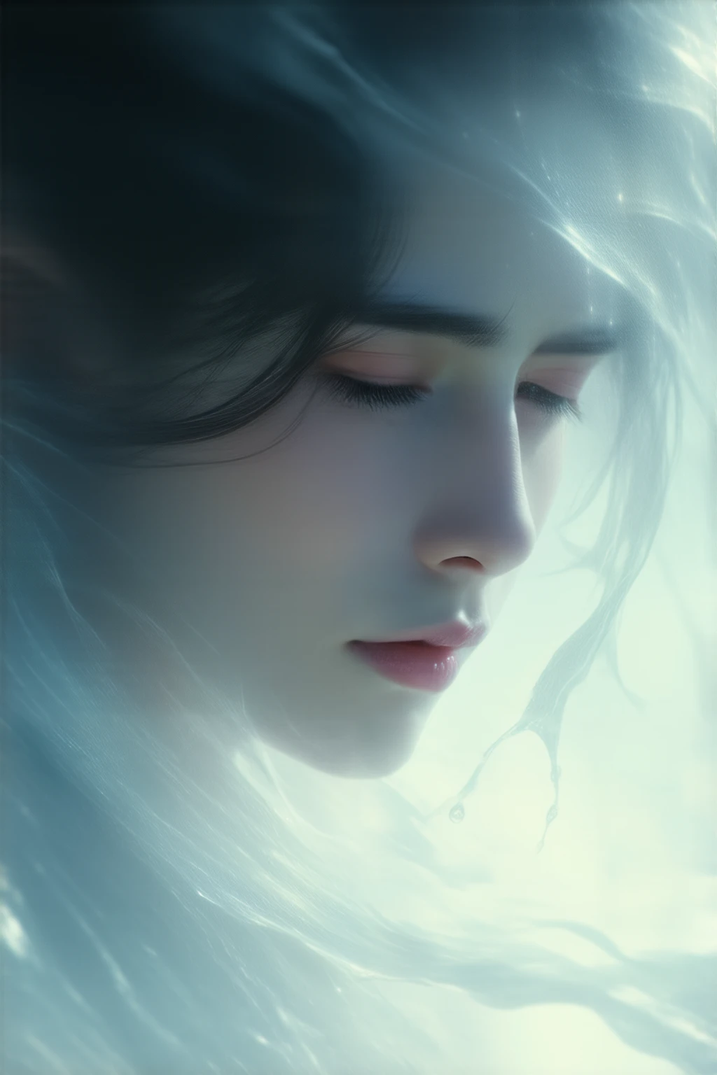 rpg game, Translucent fluid flowing from the_side Translucent fluid flowing from the_下面是由水构成的美丽而可怕的woman (sad expressions:1.2) woman ( with long hair on the side :1.2) Translucent fluid flowing from the水中升起的苔藓烟雾藤蔓搅动的水萤火虫午夜月光背光 (Masterpiece :1.2) () (Detailed) (iintricate) (8 thousand) (HDR) (the wallpaper) ( lamplight ) ( sharp focus )
