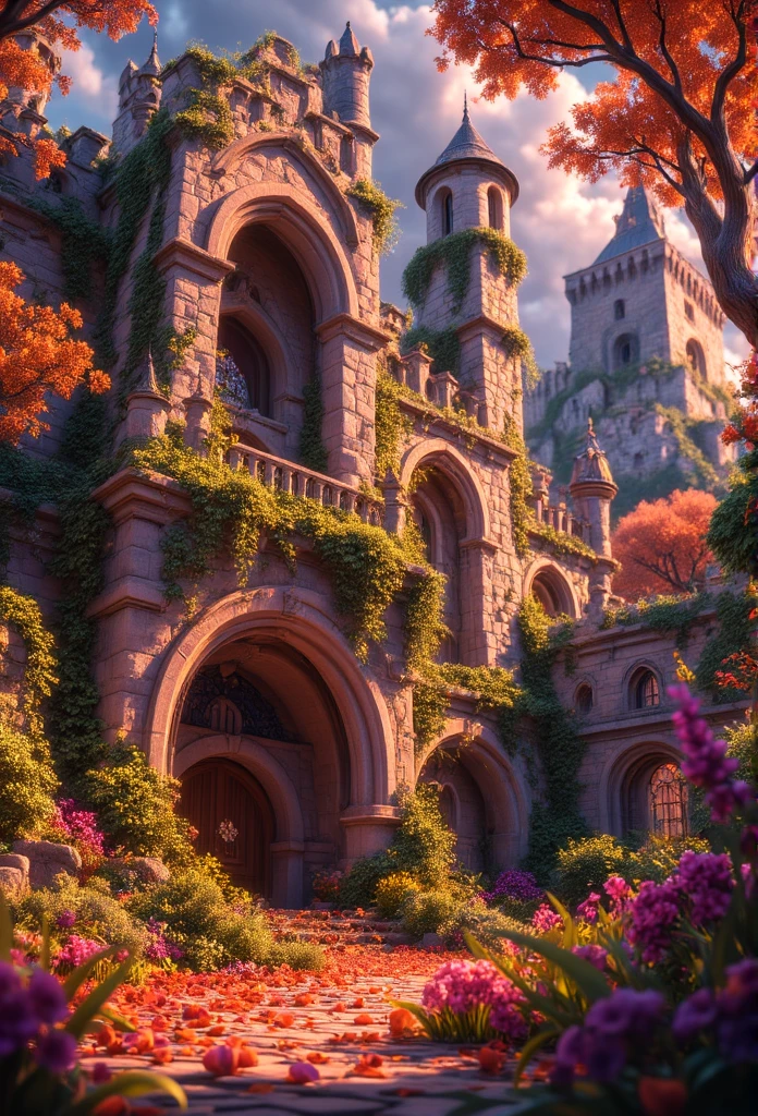 , Late autumn ruins, High Quality , The is very detailed, illustratio, impasto, canvas, oil painted, fanciful,