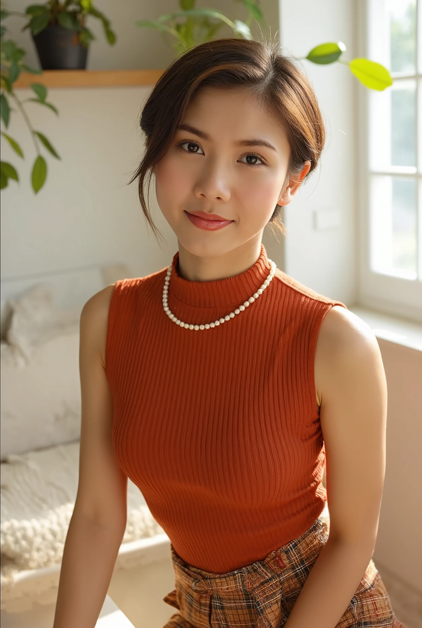 A young, slender Thai woman with short hair smiles as she poses indoors in a stylish vintage outfit. She is wearing a warm, ribbed, burnt-red sleeveless shirt with a high neck, paired with a plaid skirt. A pearl necklace adds a touch of elegance to her look. The cozy background of a white café and soft sunlight filtering through, along with a gentle sun flare, enhances the warm, dreamy, and inviting atmosphere.