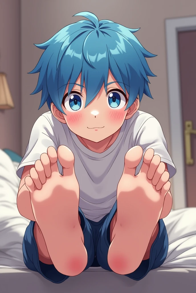 A cute boy showing his stinky feet low angle,barefoot, Foot Focus,White T-shirt,Foot Focus,Sweating on the soles of the feet, Black Hooded Jacket, There are bangs between the eyes,short hair,Light blue hair, Black pants, Anatomically correct, There is a single blue horn in the middle of the head, black eyes, Looking at the audience,Confuse,Sitting on another man's body,Sitting on his body,Sitting on the audience's body,Cute boy's ass sits on another man's body,Subjective perspective。First Perspective,The boy sits on your body,Sit on your belly,The audience needs to see their own body from the First Perspective,Audience members wearing white shirts,