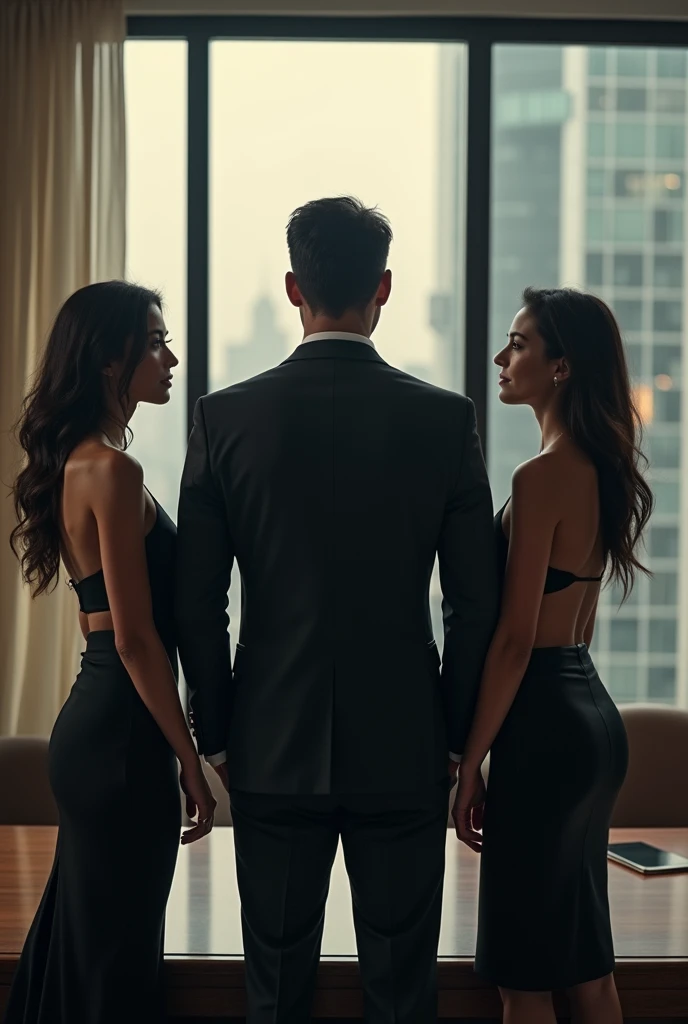 Alex arrived at the penthouse, slightly nervous but excited, unaware of the full extent of the night’s plans. As he stepped into the lavish living room, he was greeted by the sight of Evelyn, Vanessa, and Claire, all dressed in their most seductive attire. The tension in the air was electric, and Alex could feel the intensity of their gazes as they welcomed him into their world.