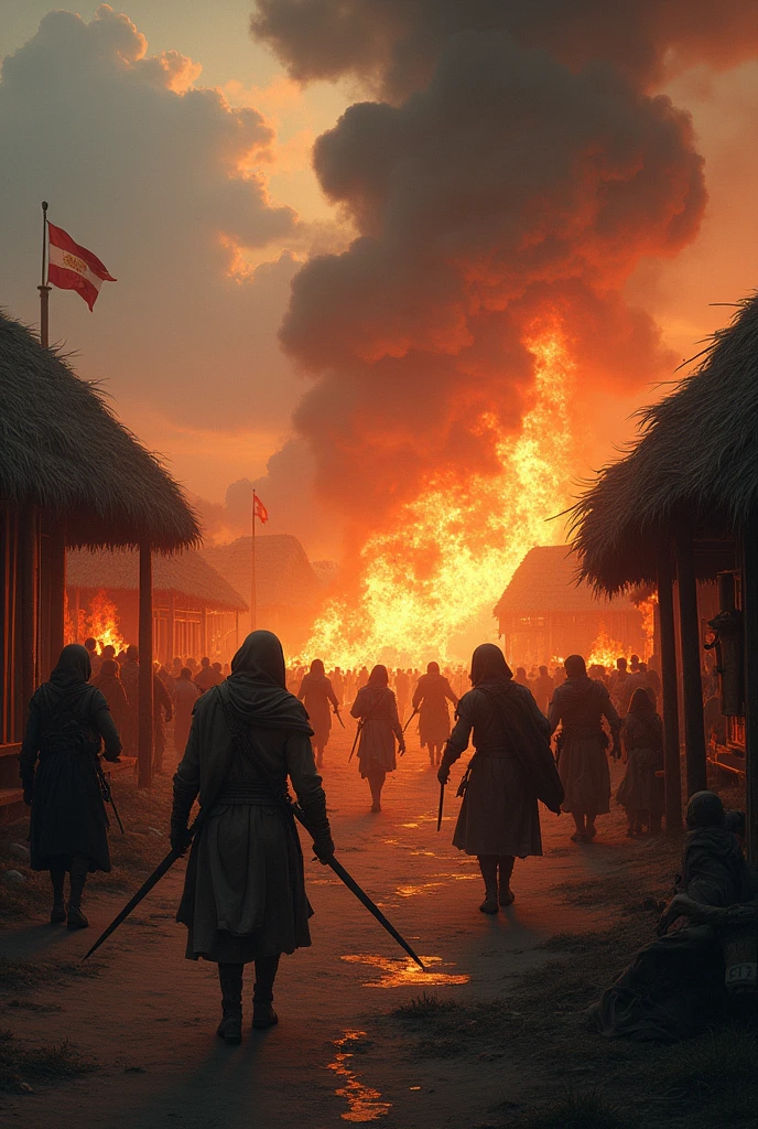 Viking warriors plundered enemy bases by burning houses and setting fire to their premises., epic, Realistic, 10