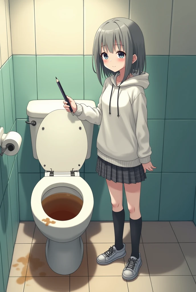 ((NSFW))、gray hair、beautiful girl、((sexual climax))、(((Pissing)))、standing pee、classroom、squat　open legs