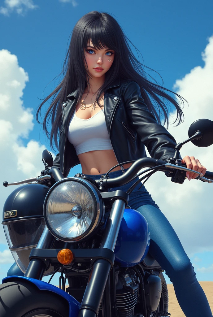 Caucasian woman; black hair, wavy hair, long hair; blue eyes, lined eyes, ((highlight blue eyes)), shiny eyes; red lipstick, makeup, smile ; athletic body, medium breasts, nipples; ((black top)), black short skirt, on motorcycle, riding a sports motorcycle, on the road, front view.