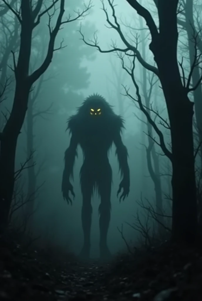 ((best quality)), ((masterpiece)), (detailed), A shapeless shadow with glowing green eyes emerged among the trees (monster) (very scare)