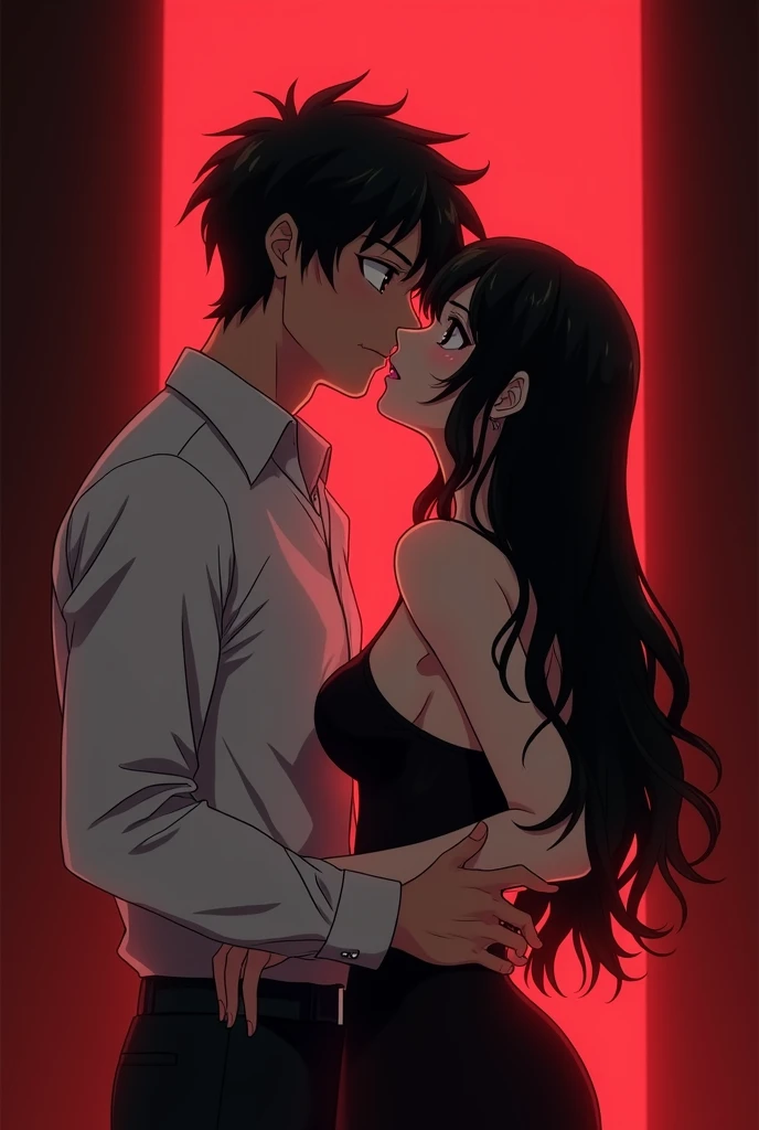 Shirtless boy kissing and making out passionately with a sexy woman with long straight black hair wearing maroon top with black embroidery