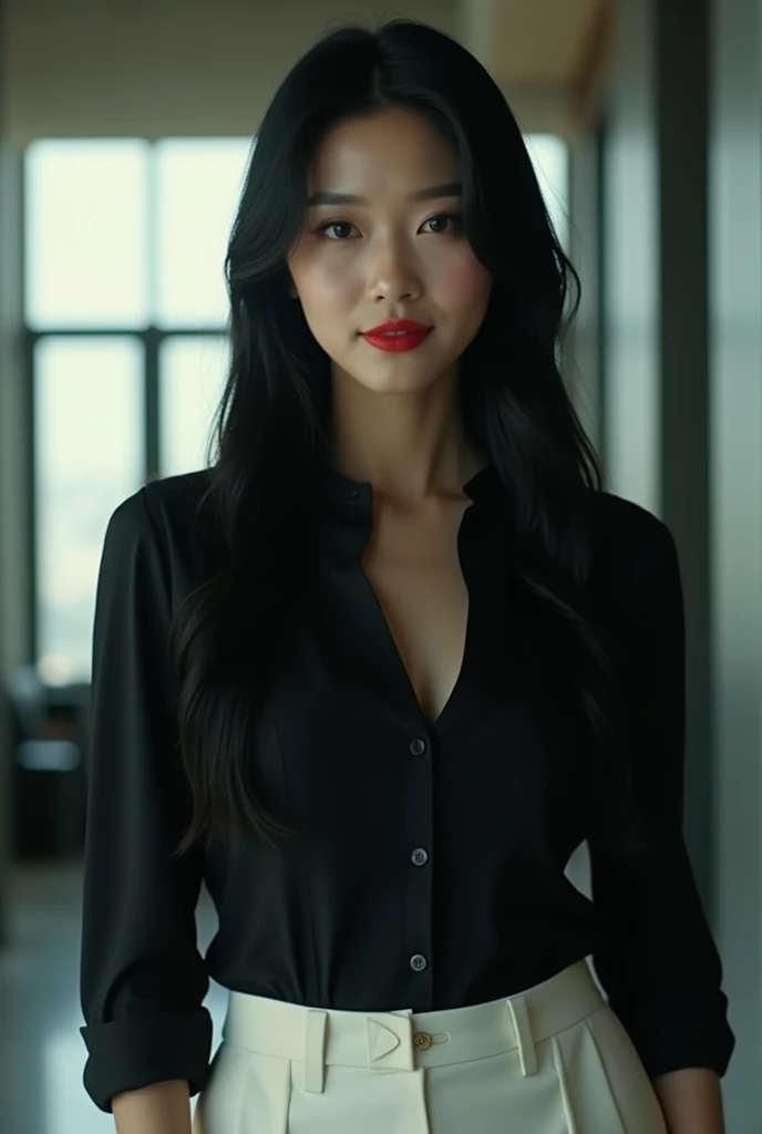 top view, a beautiful Korean woman with long black hair girl, wearing suit, going up stairs, in building, daylight, cinema style, real photo, close up,