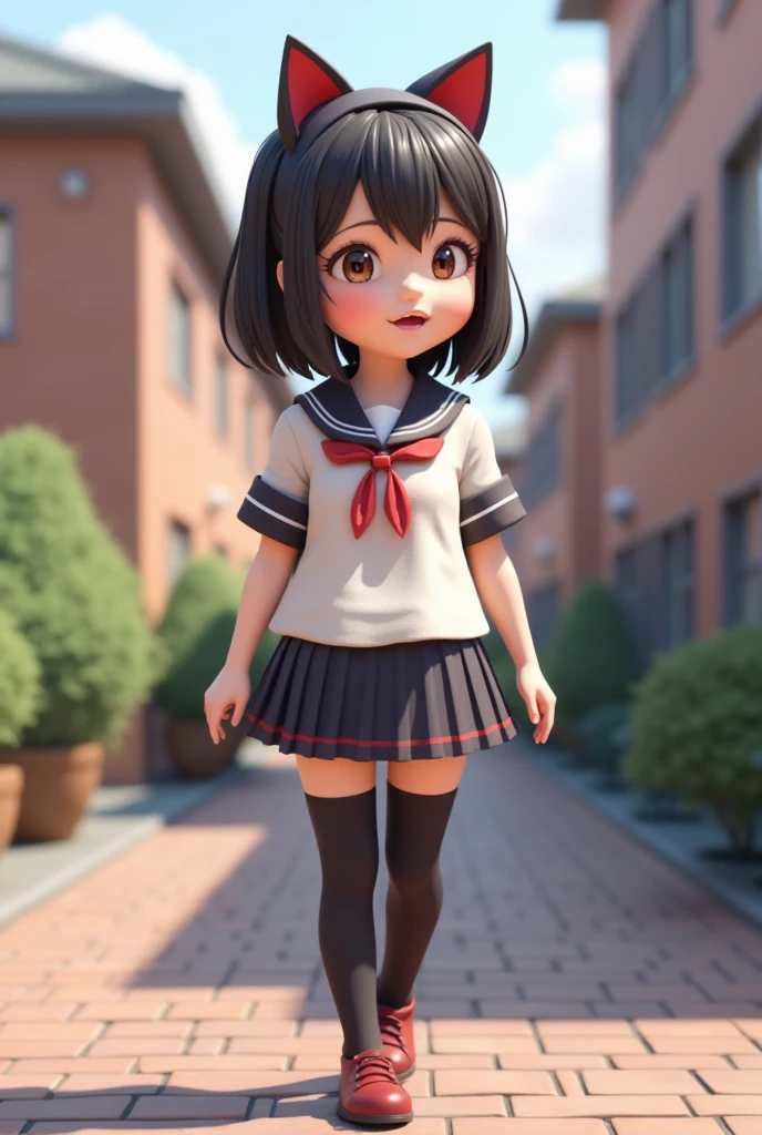 Short petite adult woman with long pigtails and school uniform Sailor uniform with short skirt With robotic prosthetics on robotic arms and legs realistic anime 2D Robotic legs With jacket on top