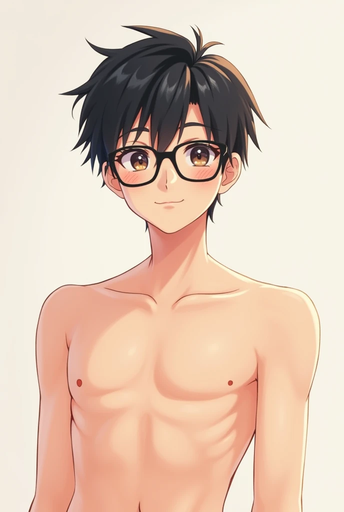 Anime hot guy with short dark hair wearing round glasses, silver necklace shirtless taking a mirror selfie