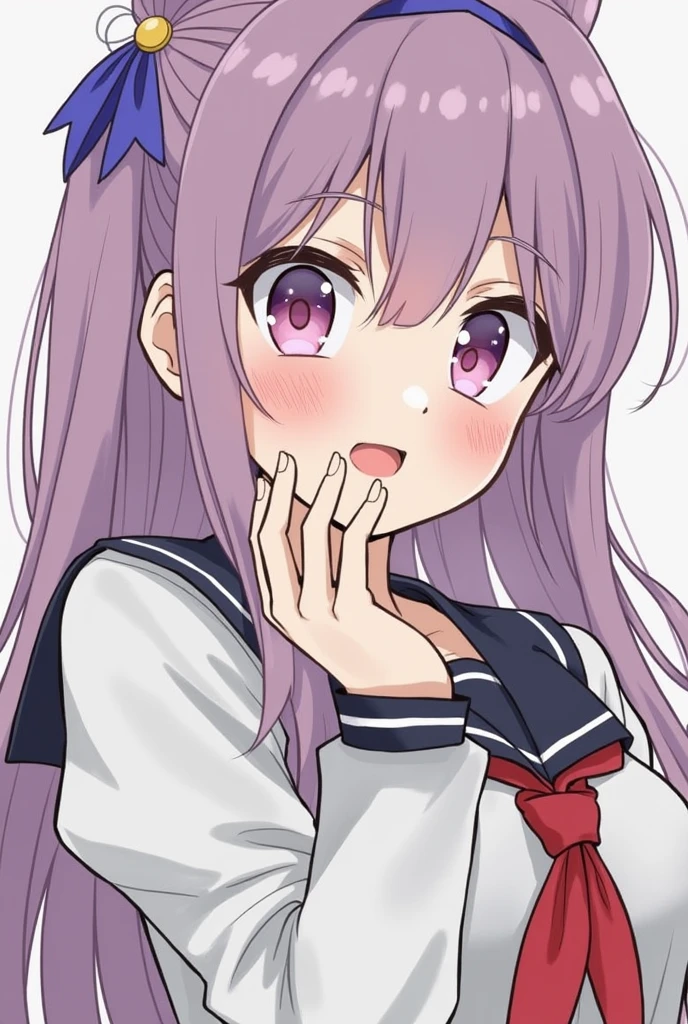 1girl, solo, leaning forward posture, open mouth, serafuku, school uniform, shiny droopy eyes, collarbone, cleavage, flat bangs, long ponytail, :p, eye angle, facing away, looking at viewer