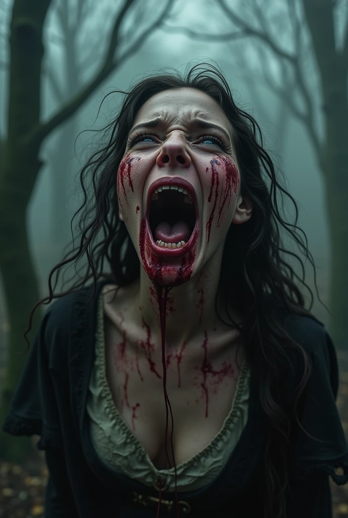 horror-themed screaming girl . Bra, huge boobs, eerie, unsettling, dark, spooky, suspenseful, grim, highly detailed, ahegao, tongue