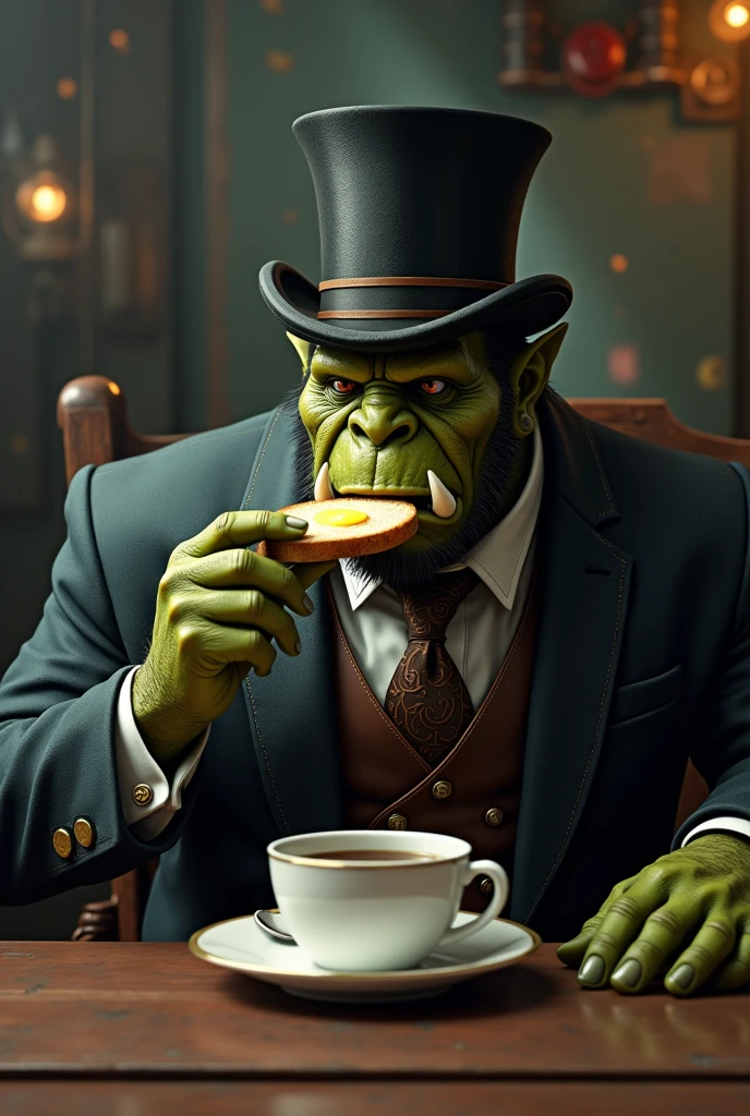 A Warhammer-style orc 40k in a suit and top hat drinking a cup of coffee and buttered bread