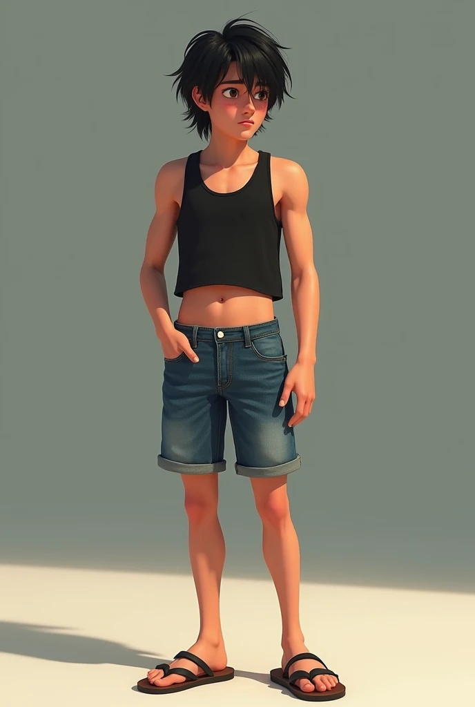 Youth, Masterpiece, Best Quality, Realistic, (Realism: 1.4), Solo, Melancholy, Front, Full Body, Panorama, Feet You Can See, Short Hair, You Can See Forehead, 17 years old, Empty background, Nudity, Pants, Handsome Short Hair, Barefoot, Barefoot, Looking Up, 170cm Height, Tall, Thin,