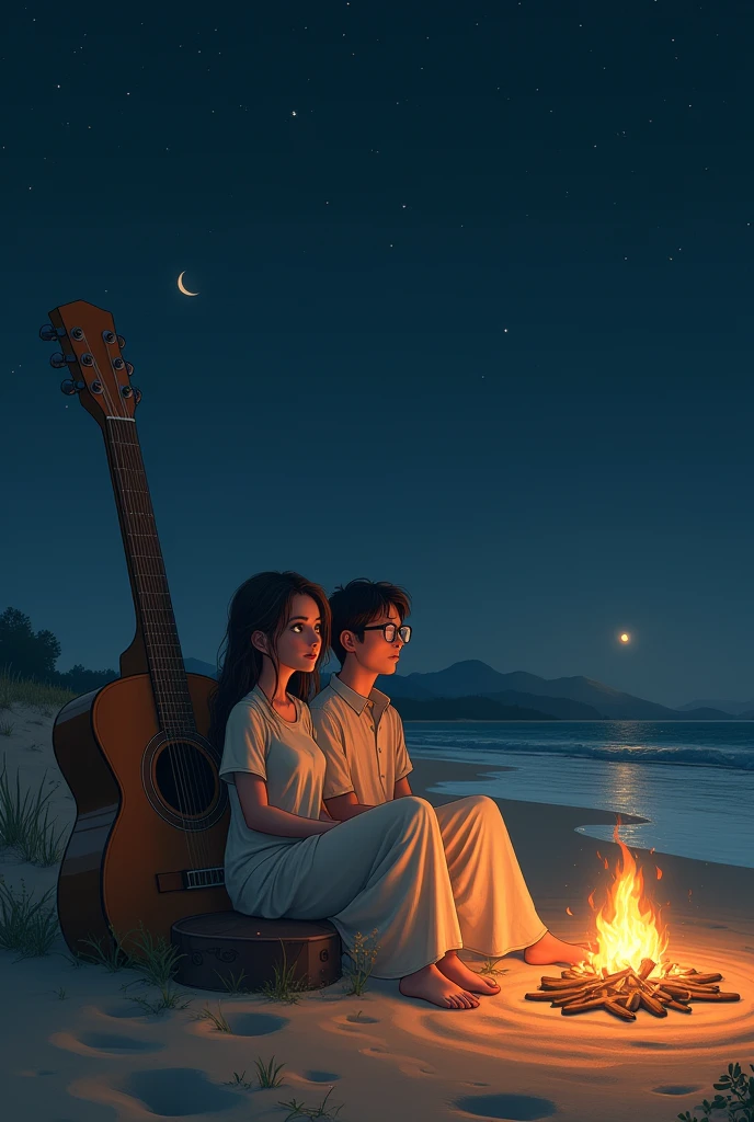 Table on the beach with two shots of tequila, salt and lemon, a bottle that says EL CHARRO of tequila, half empty, a tomboy girl, one with a cap and a SPORT shirt and the other feminine girl hugging her, looking at the sea at night and toasting, they are with their backs turned, sitting on a rock