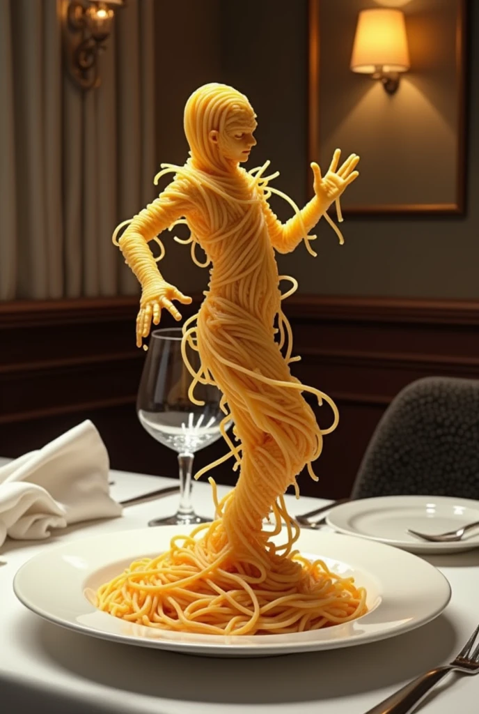 a humanoid spaghetti dancing on top of the plate at a realistic restaurant