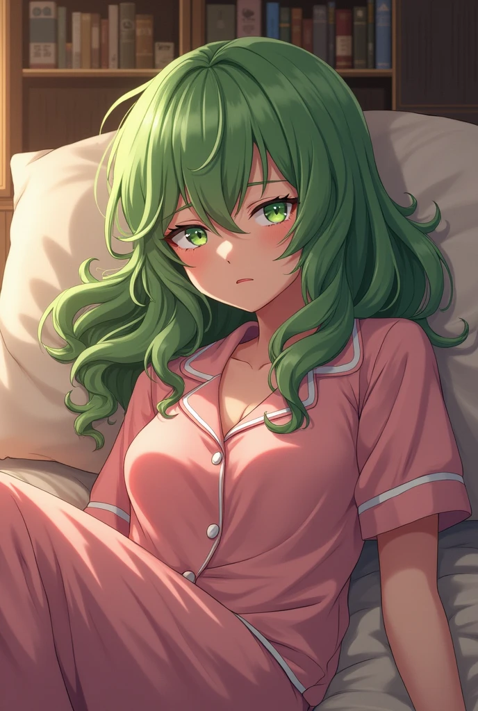 1girl, solo, indoors, on bed, lying, sleeping face, pillow, cloled eyes, half-open mouth, blush, breasts, large breasts, cleavage, yellow pajamas, Polka-dot patterned nightgown, medium hair, lime green hair, dark skin,