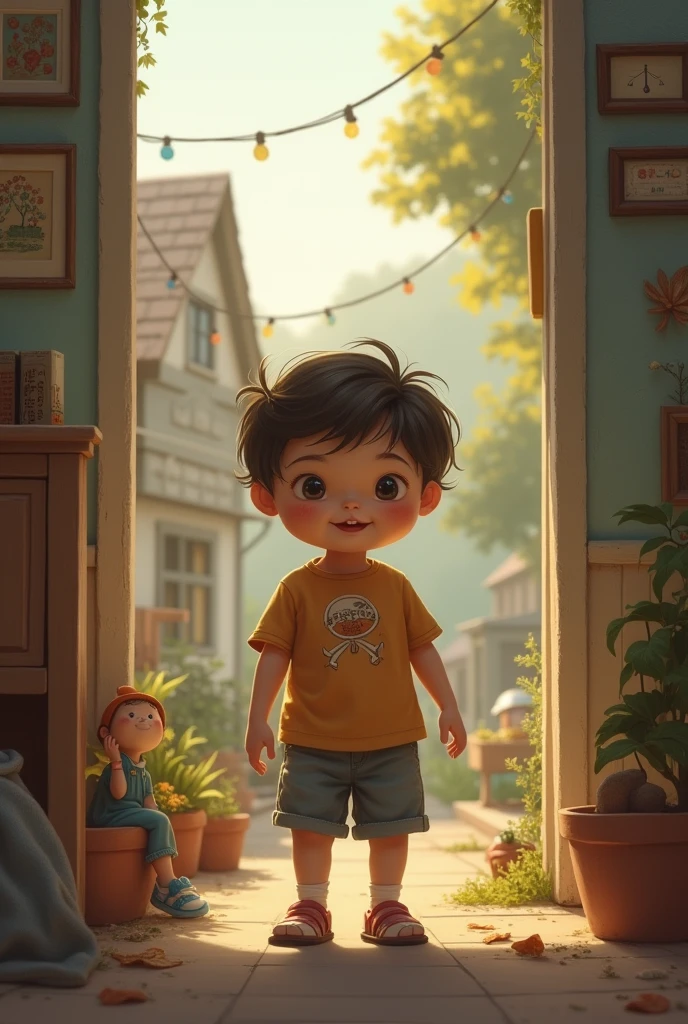 Image of a child on the street outside his house walking towards her