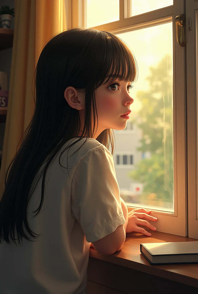 The girl is standing by the window looking at the nature outside.