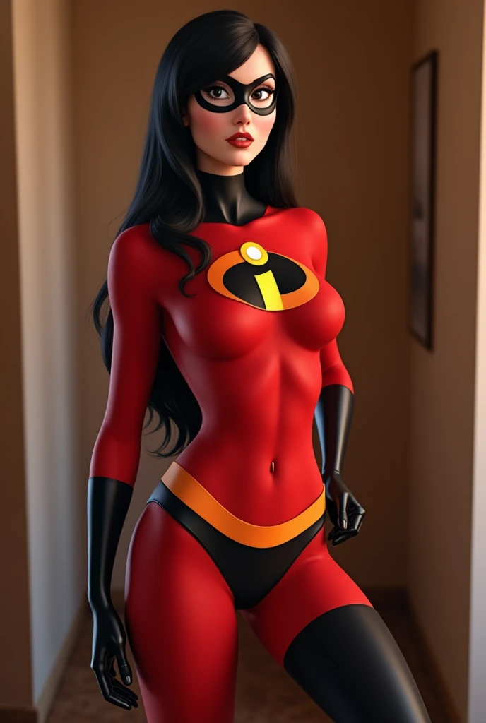 ripped skintight red clothes with the incredibles logo on, tall black shiny boots. black mask around eyes, long straight black hair, blue eyes, cleavage,  violet parr, masterpiece, high res, 32k (perfect :1.5), perfect legs, perfect arms, action scene,  pose, cute face, innocent face,  out, red hair band
