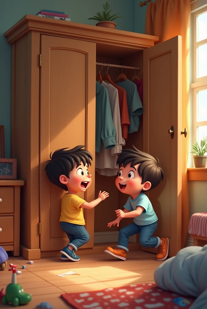 Children lion at the school wardrobe hangs jacket on childishly drawn