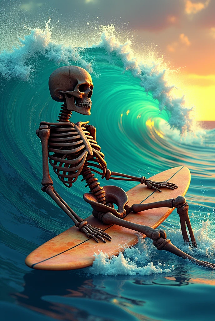Pineapple head skeleton surfing pizza surfboard no background 