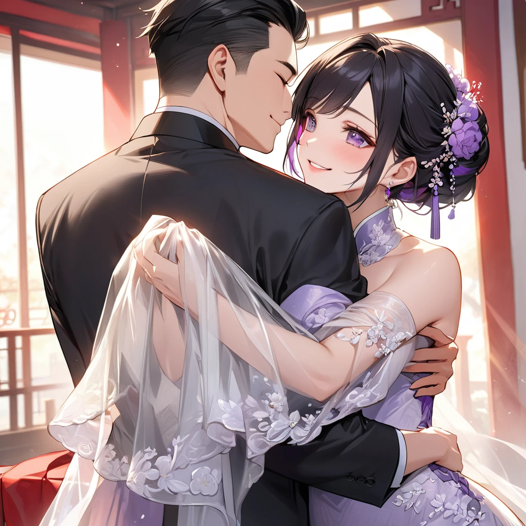 The woman who is a member of the Chinese Communist Party physically and mentally has beautiful black hair with purple gradation color Kocho Shinobu, wears a Chinese bridal gown, pledges absolute loyalty and love to a great Chinese Communist Party executive man, hugs them, kisses a vow, and has a wedding and loves each other、((Best Quality)), ((masterpiece)), ( Details), （ perfect face）,The woman is Kocho Shinobu with outstanding proportions and is finished as a woman wearing a Chinese bridal gown in a Chinese mansion 、The woman is smiling gently