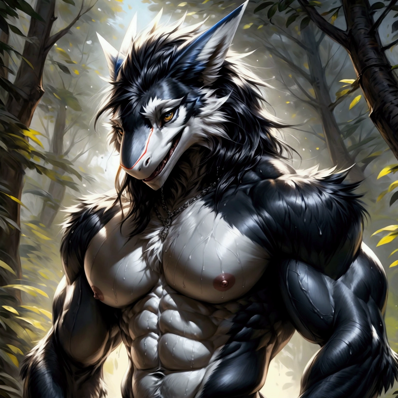 A single crouched sergal  ,sky blue thong , large package,   with a very defined contour of the thong   ,   with large defined muscles  , Big Biceps , broad shoulders,   large and muscular back  ,  muscular neck ,  Large and muscular pectorals ,  visible nipples , large Abdominals, legs grandes y musculature,  with visible veins  , Ingelic style  , beautiful ojos de Dios, with the body wet, head on,  visible crotch  ,  expression of pleasure , with tongue out (very elegant) ((male)) (musculature)((  black and white  )) ((male) (anthropomorphic ) ([sergal])), nothing, photorealism,   soft shading, (DETAILED fur: 1.1), , (legs), (alone: 1.1), ), raised tail, ((beautiful) eyes: 1.1), (DETAILED eyes: 1.1), (DETAILED), (  masterpiece  : 1.2), (athletic),   good anatomy  , DETAILED face, (por kenket), by ross tran, By Michael & Inessa Garmash, of pine daeni, By kiguri, by Alena Aenami, by ruan jia,   Located in a forest with a color palette that highlights the colors of sergal,   indicate with your hand that you are offering your crotch , Full image of Sergal.