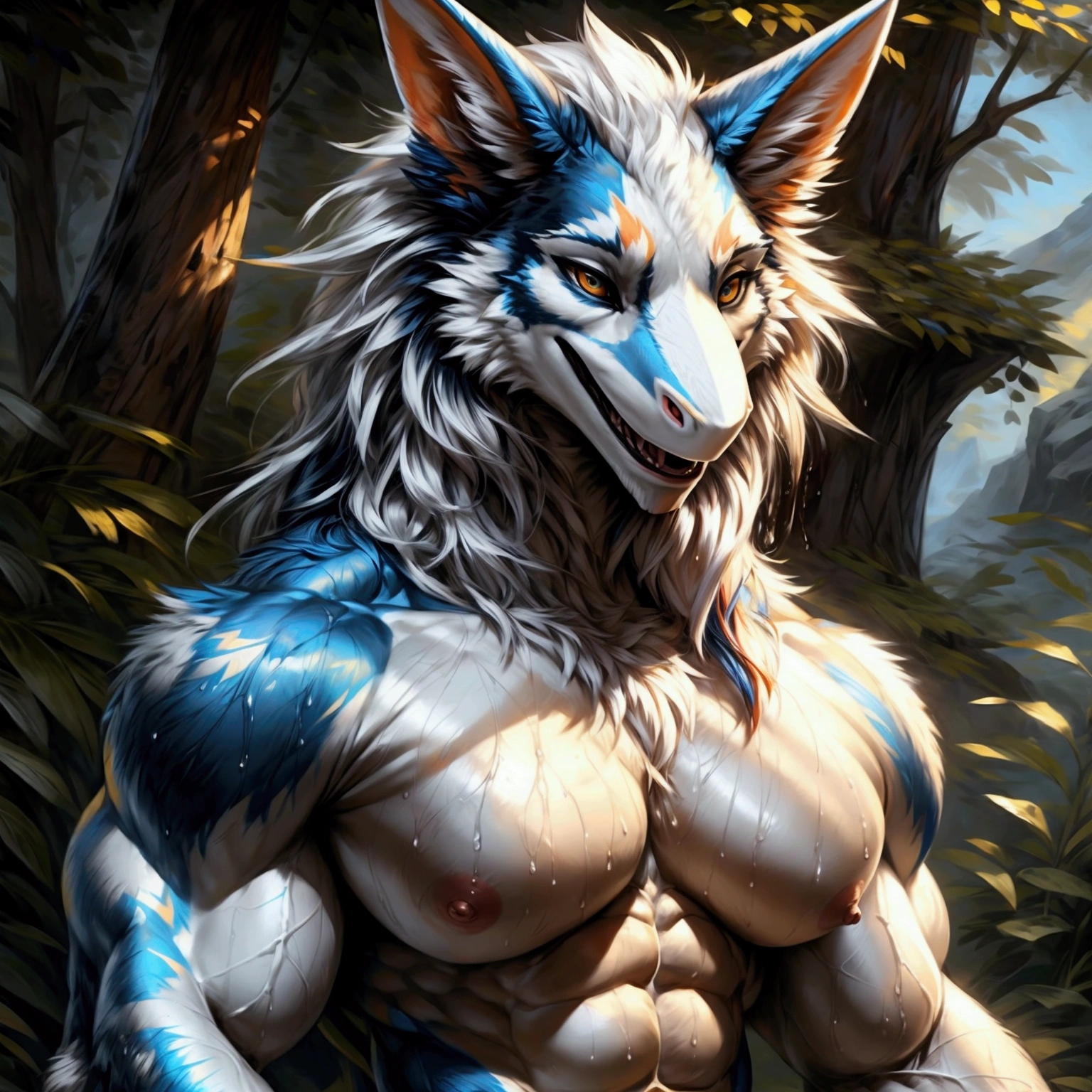 ultra-detailed, masterpiece, masterwork, high quality, best quality, hdr, (nature), posted on e621, (by Chunie ), nsfw, male, solo, ((nude, foreskin, perfect balls)), (red hairy body dragon), dragon, (white body), (long brown hair, yellow eyes), standing, dynamic angle