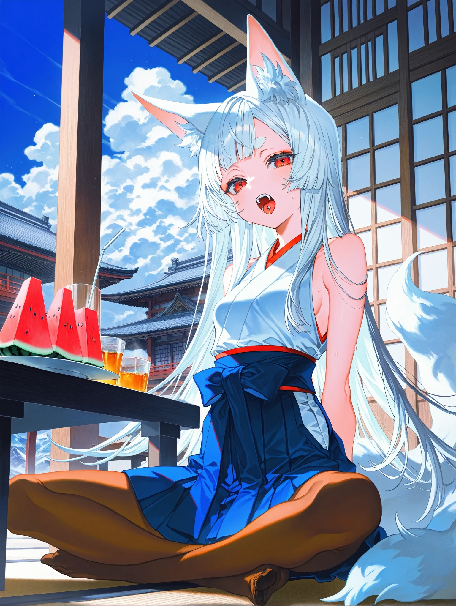 1girl, original,
(yoneyama mai:0.4), (mika pikazo:0.4), (rei \(sanbonzakura\):0.4), (quasarcake:0.4),
animal ear fluff, animal ears, architecture, arms behind back, bare shoulders, blue hakama, blue sky, breasts, brown pantyhose, cloud, cloudy sky, cup, drink, east asian architecture, fangs, food, fox ears, fox girl, fox tail, fruit, hakama, hakama short skirt, hakama skirt, half-closed eyes, ice, indian style, japanese clothes, kimono, long hair, looking at viewer, open mouth, pantyhose, piercing, plate, red eyes, short eyebrows, shouji, sitting, skirt, sky, sleeveless, sleeveless kimono, sliding doors, small breasts, solo, sweat, table, tail, thick eyebrows, tongue piercing, watermelon, white hair
,masterpiece,best quality,amazing quality,very aesthetic,absurdres,newest,