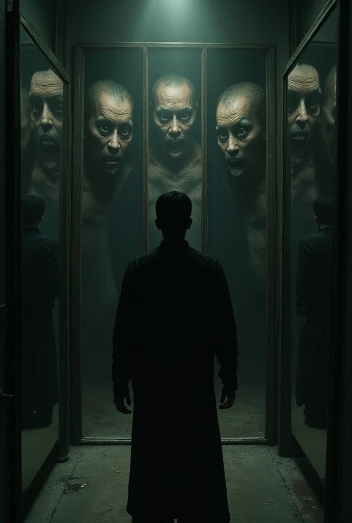 Upon entering, he saw his distorted reflection : each mirror showed him ...