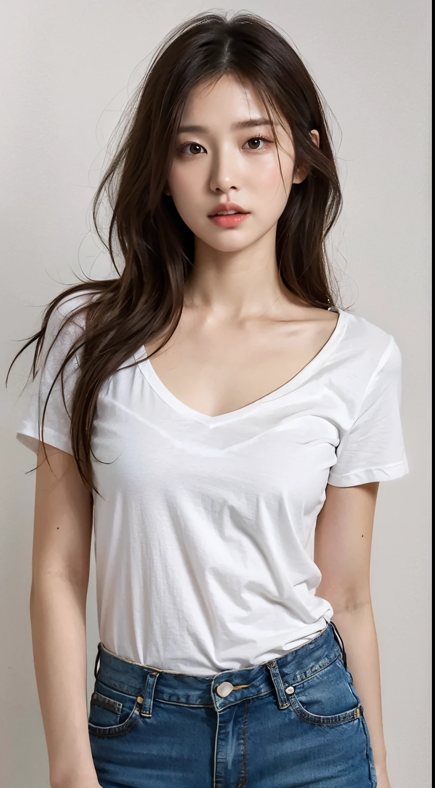 (8K high image quality), (top-quality), (RAW image quality),(masutepiece:1.2), (Realistic), (Photorealistic:1.37), Goose egg face,largeeyes,long eyelasher,Exquisite(Live-action realistic style),The Ultimate Face,Photorealistic light and shadow,Clear facial features,milky skin,Fair skin, highdetailskin,Realistic skin details,Visible Pore,(Super Detail),Hair length is random, (Flowing hair),Shoot for viewers,Shot from a short distance,Ultra-detailed, 1girl in, Cute,Beautiful detailed eyes, beautiful detailed nose, highlydetailed skin,Full body,I can see the cleavage ,(eyecontact),(Colossal tits、Breast Abundance)、(Beautiful face with double eyelids),((fullbody image)), (Realism: 1.4),High image quality, excellent details, Ultra-high resolution, (Realism: 1.4), The best illustrations, favor details, Highly condensed 1girl,delicate and beautiful face, 1girl in、20yr old、(Beautiful Face 1.4)、A slender、((Beautiful woman in t-shirt,I don't wear anything except a t-shirt)),extra detailed face、Too clear white skin、(Smile at the viewer without opening your mouth)、dynamic ungle、Magnificent scale,Bring smiles to your audience,((Full body shooting)),Slender Body Style),Stand leaning against the wall,Model-like standing,very clean feet