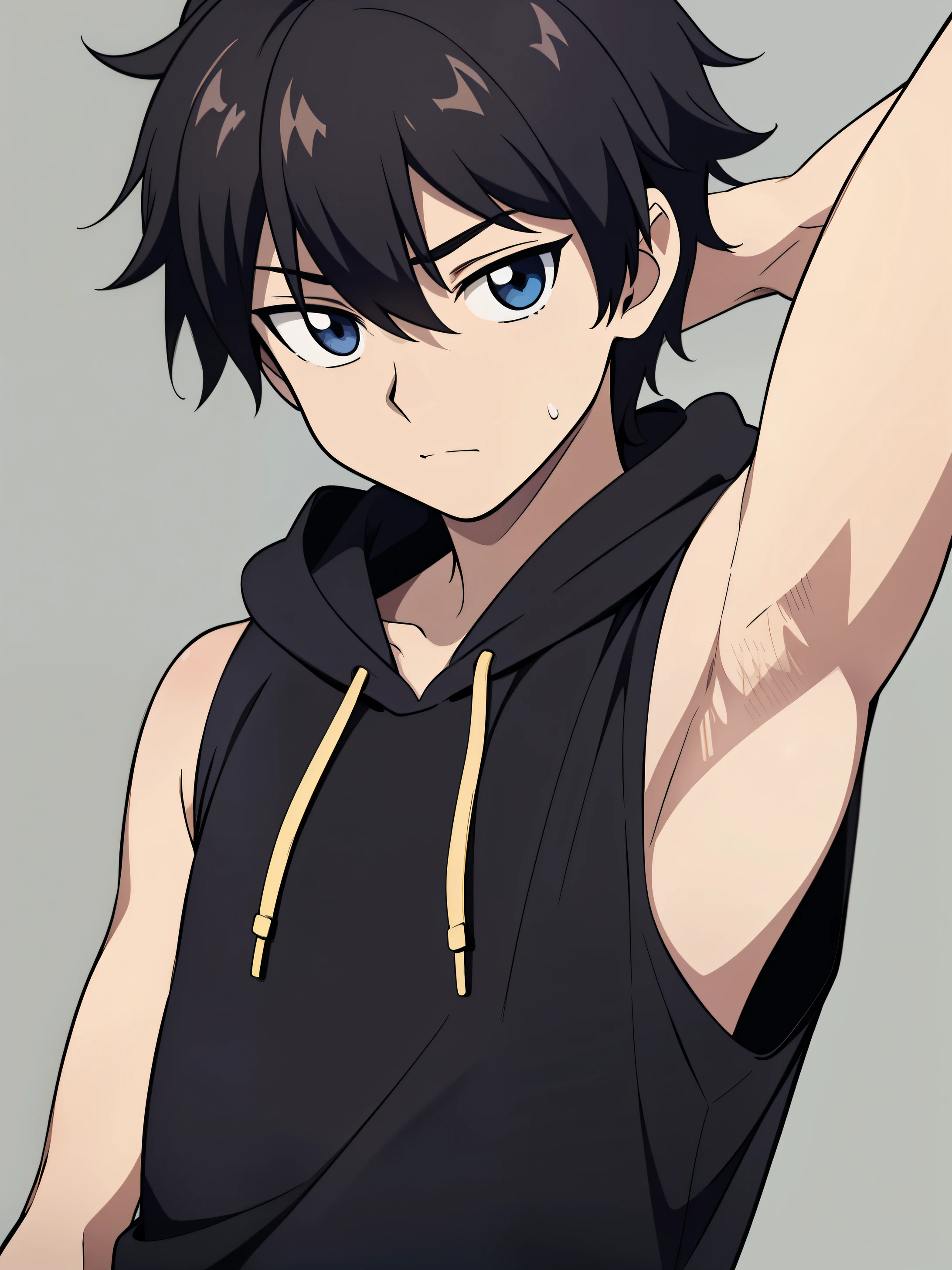 masterpiece, best quality, high quality, yotsuya_yuusuke, 1boy, solo, Yotsuya yuusuke, male focus, looking at viewer, upper body, Black hair, Body, Sleeveless hoodie, Open zipper, (Showing armpit:1.3),