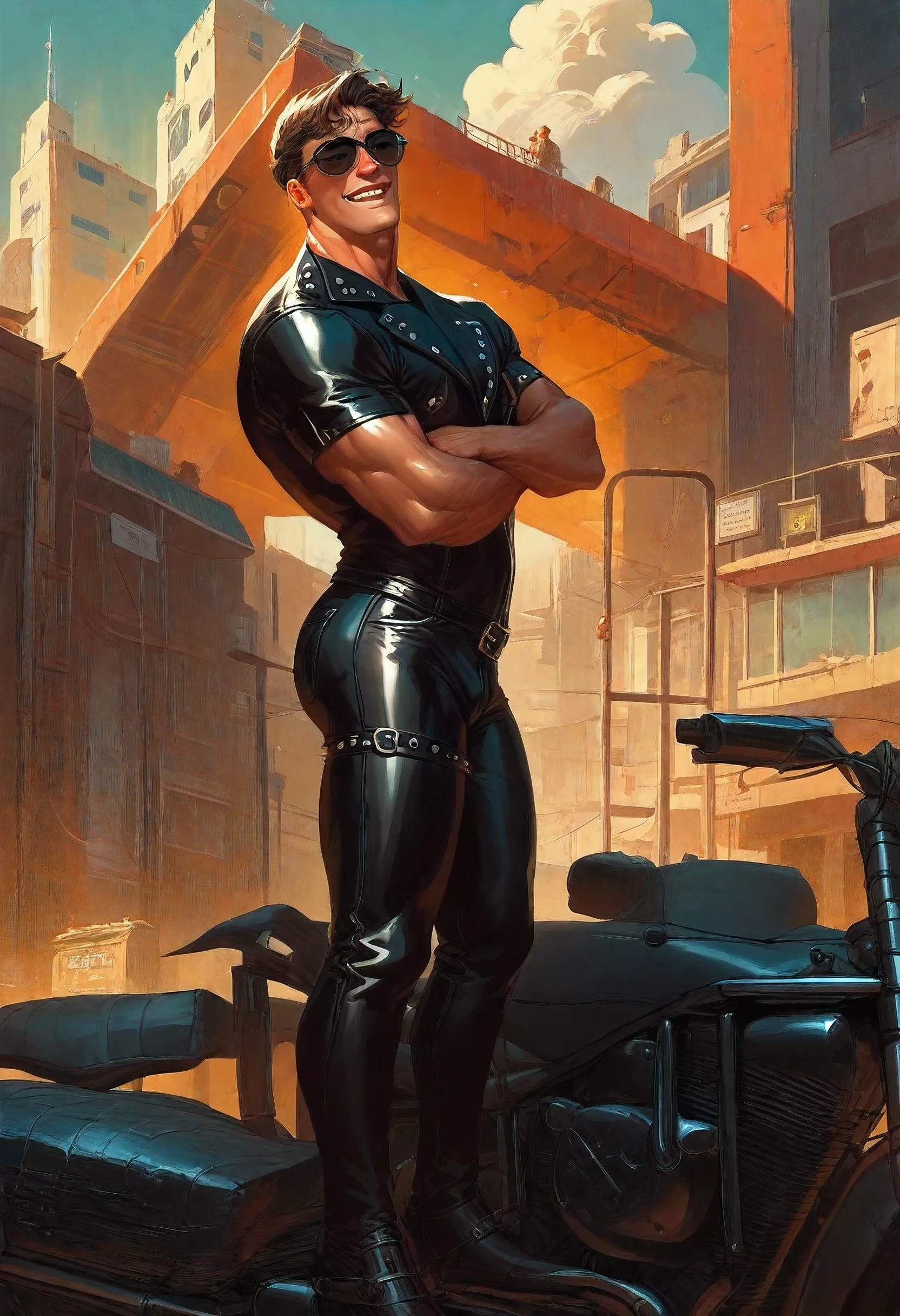 Handsome and huge gangster bodybuilder Roman Todd on motorcycle, huge muscles, crotch lump, Shiny black quilted and studded leather jacket with high spikes, shiny black leather shirt, shiny black leather pants, black sunglasses, industrial architecture: 1.4), retrofuturism, crazy details, (Fujiflim XT3), 20 megapixels,