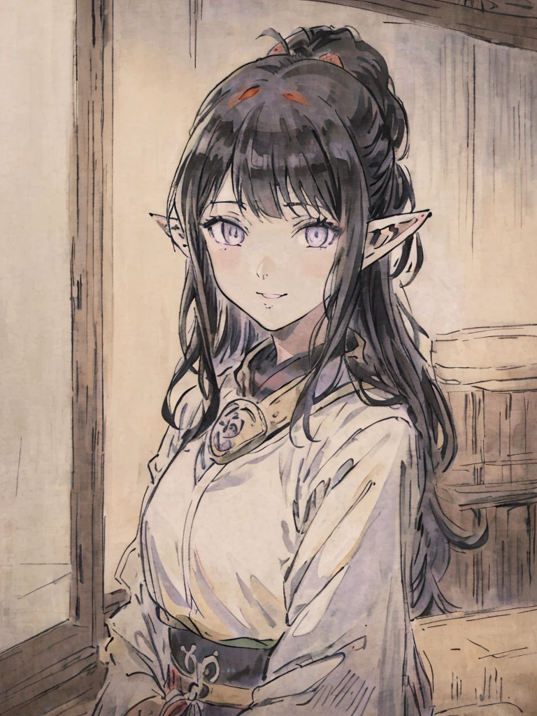 ((elf)), ((clergywoman)), ((hiori kazano)), idolmaster, ((long hair)), ponytail, half updo, hair ornament, (((woman))), ((MATURE)), ((20 years old)), ((masterpiece)),(best quality),extremely detailed CG,unity 8k wallpaper,ultra detailed,beautiful detailed eyes,extremely detailed face, 1girl,solo,upper body,(portrait:1.5),looking at viewer,facing viewer,anime coloring,smile,black hair,sidelocks,blunt bangs,purple eyes,white eyes,no pupils,hinata(shippuden), manwha style, ((hiperrealista)), ((medieval)), in a tavern, perfect hands
