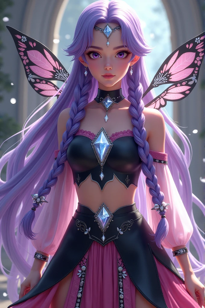 elvish ears，Purple and black suit，Long legs，Colorful butterfly wings，Skysky，Moon，Fly hand in hand with girls