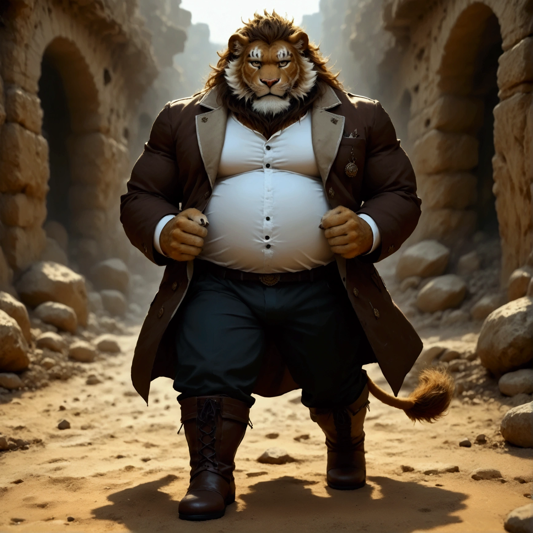 e621 illustration, osukemo, kemohomo, anthropomorphic, furry, cartoon, harmonious body, pastoral face, virtuous eyes, watercolor-like, BREAK character focus, full body, looking away, dynamic angle, european fantasy, a musclegut middle-aged lion man, jacket, shirt, pants, dynamic pose, BREAK complete anatomy, perfect proportions, beautiful thigh gap, fluffy body, intricate fur details, beautiful fur texture, BREAK a detailed lion 1tail, detailed boots, detailed foot, detailed hands, 5fingers, 5fingers nails, BREAK manly, intense face, insanity detailed face, male face, big face, square jawline, aesthetic anime eyes, detailed brown eyes, detailed brown cornea, detailed dark brown irises, detailed pupils, male eyes, big eyes, male eyebrows, innocent look, beautiful beard, BREAK full body in Michelangelo Buonarroti style, digital illustration anime, housamo style, detailed painting landscape, bedroom, indoor, full color, HDR, BREAK masterpiece, official art, best quality, very aesthetic, absurdres, super fine illustration, great quality, BREAK noise reduction, very highres, large filesize, high quality, 32K, 8k wallpaper, dynamic lighting, BREAK insanity detailed, ultra detailed, intricate details, extremely detailed, detailed texture, an extremely delicate and beautiful, 