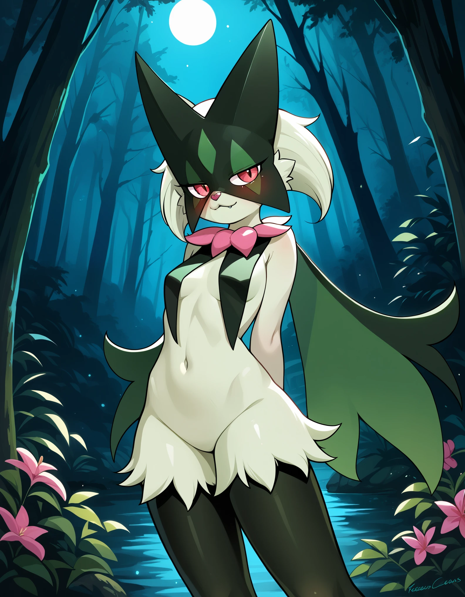 score_9, score_8_up, score_7_up, source_furry, rating_safe, creamgag, realistic, photoreal, anthro, an anthro meowscarada standing in a moonlit forest at night with bioluminescent flowers, solo, female, posing seductively, arms behind back, hyperdetailed eyes, hyperdetailed fur, meowscarada, slit pupils, blush, MeowscaradaPonyXL