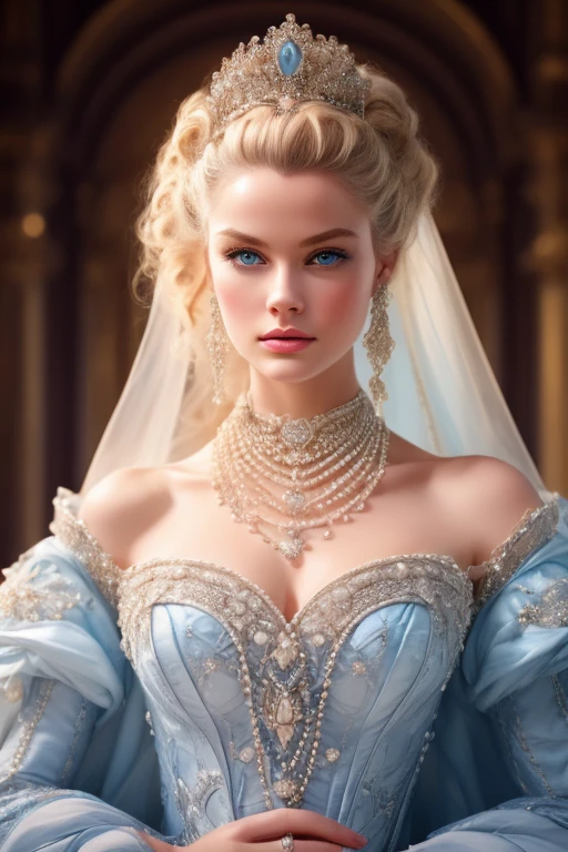 1girl, blonde hair, blue eyes, beautiful detailed eyes, beautiful detailed lips, extremely detailed face, jewelry, princess, modest light blue gown, romantic, high quality, 8k, hyper detailed, photorealistic, studio lighting, dramatic lighting, cinematic, elegant, fantasy