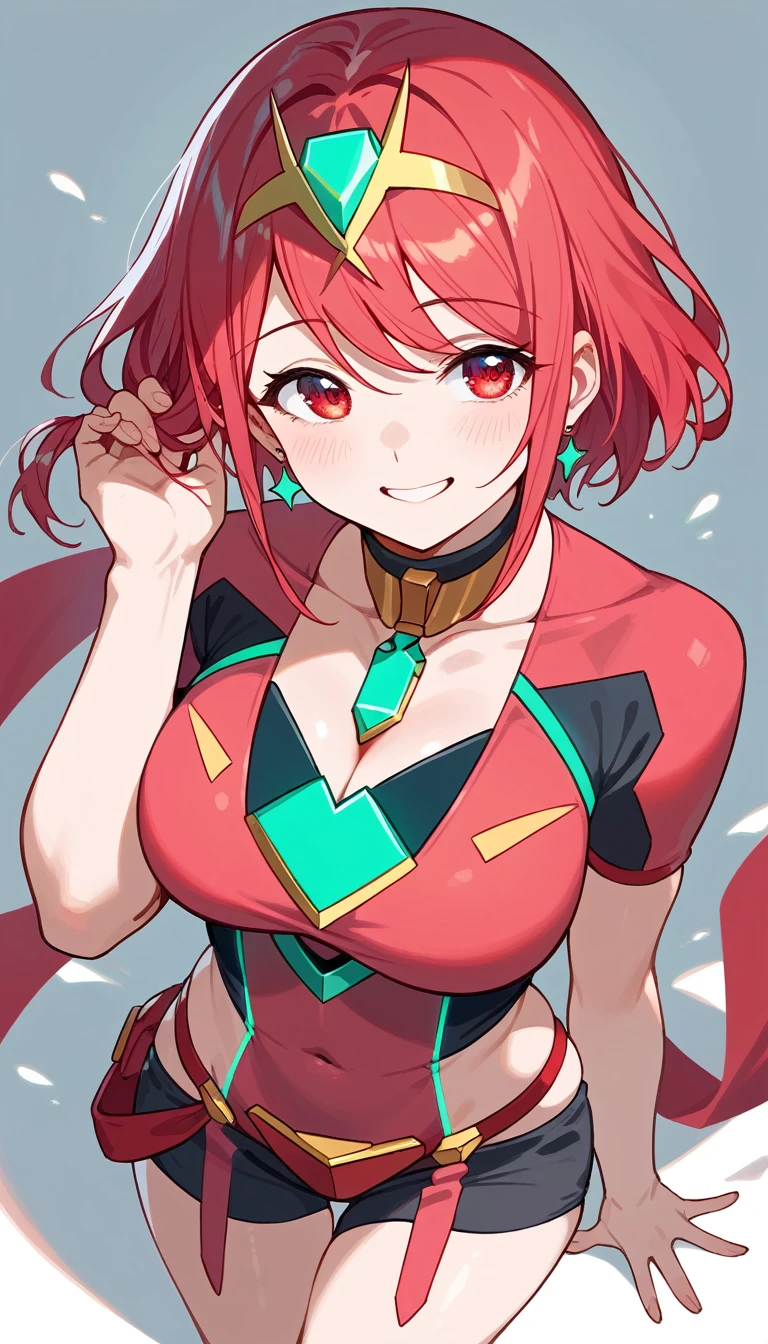 masterpiece, maximum quality, 4k,  ultra detailed, pyra's cosplay, standing, stroking her hair, casual pose,leaning slightly forward, bright smile, crystal red eyes, round face, soft light, shiny hair, friendly smile, thighs slightly large, hips slightly wide, 3 quarters of the body, looking at the viewer, front, high angle view, big chest, black chest