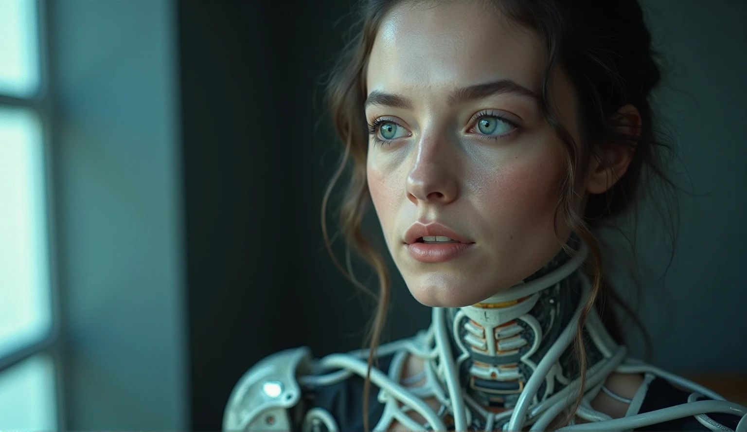 young woman, chest, porcelain face, cyborg, robotic parts, 150 mm, beautiful studio soft light, rim light, vibrant details, cyberpunk, hyperrealistic, anatomical, facial muscles, cable electric wires, microchip, H. R. Giger style, extremely detailed  (realistic, photo-realistic:1.37),Amazing, finely details, ray tracing, UHD, 8k, masterpiece, award winning