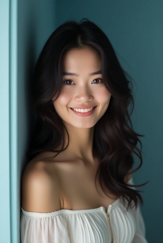 Japanese women、Big eyes、Long black hair、Big smile、big breasts、naked