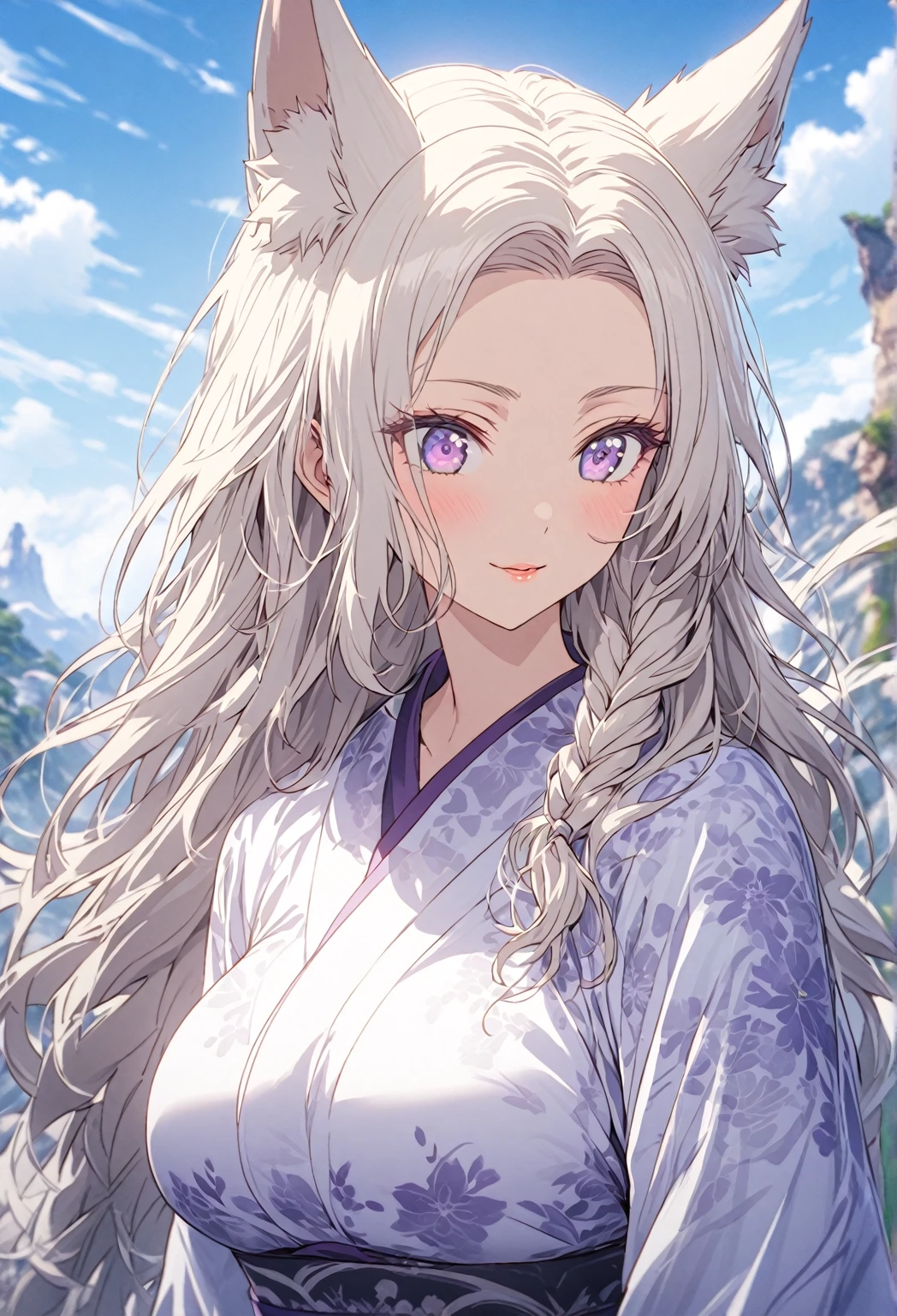 Portrait ((POV: Close Camera)) ((Motherly expression)) ((Mature woman)) ((Alone)) Create an anime-style image of Aiko, an elegant fox girl with a graceful aura. She has long, white hair styled in a side braid, soft, fluffy fox ears, and light purple eyes that radiate warmth and kindness. Her expression is gentle and slightly mischievous, conveying both confidence and a caring nature. She is dressed in a fitted kimono outfit that accentuate her figure. Emphasise her graceful figure, big breasts, and mature demeanour, highlighting her caring, protective nature alongside a hint of playful mischief. Blue sky, magical landscape. She is standing. Use a depth-of-field effect to keep Aiko in sharp focus.