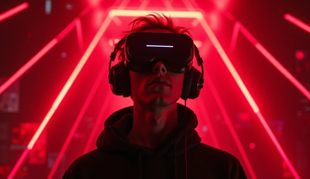 A person using a headset in a futuristic setting, dominated by tones of ...