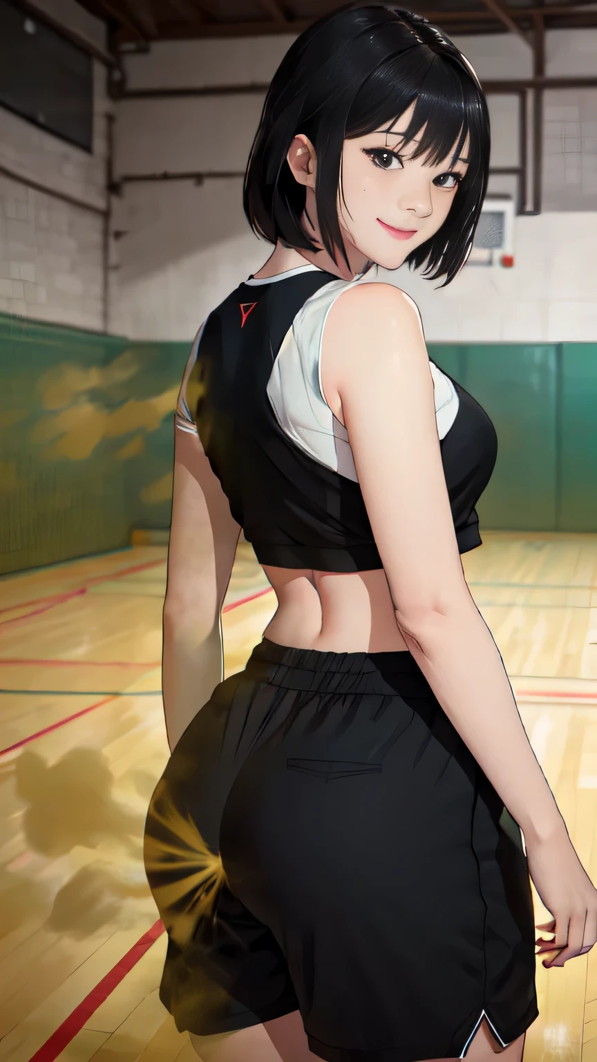 ((speed)),Attacked by farts, (((Women farting ))),( girl farting while standing )),Smiled,speed,(a female sports teacher ),( wearing short pants and a cropped top  ),(),( seen from behind) ( short black hair hair ),( Asian woman),(  basketball court  ),(masterpiece:1.2、of high quality)、( the Extremely Detailed 8K CG Unity Wallpapers、ultra-detailed、 best shadows )、(Background)、( The best lighting 、 extremely delicate and beautiful )、depth of field、 a girl in、Report、 look up 、