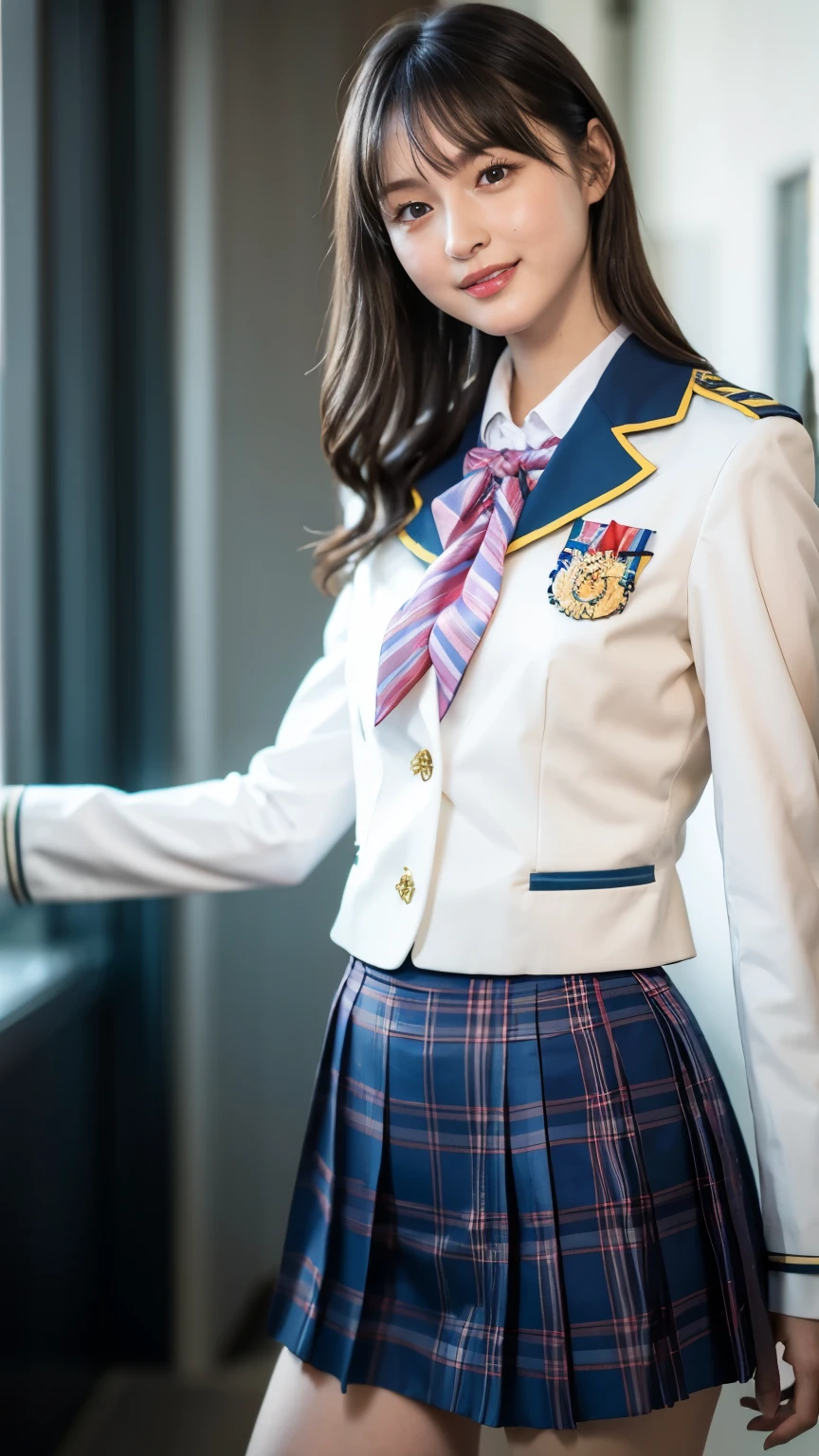 (Highest quality, 4K, 8k, High resolution, masterpiece, Genuine, Realistic, Realistic:1.3), (upper body, from below), Girl standing in a school changingroom, grin:1, ((wearing blue neckerchief white collared Uniform, Brown Blazer, dark blue plaid skirt)), ((pink striped pattern underwear)), 18-year-old, bangs, A small smile, Thighs, knees, From below, pinching skirt:0.7, open legs:0.8,