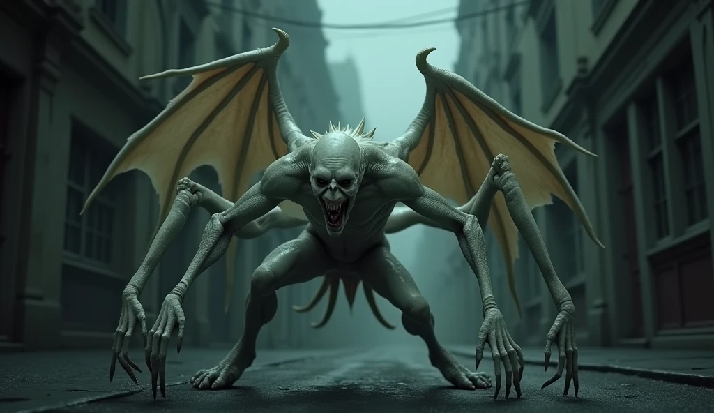 Horror-themed, <lora:Man-Bat:1>
Man-Bat a naked giant human creature on a ledge in rain in Gotham city universe, Eerie, unsettling, dark, spooky, suspenseful, grim, highly detailed
