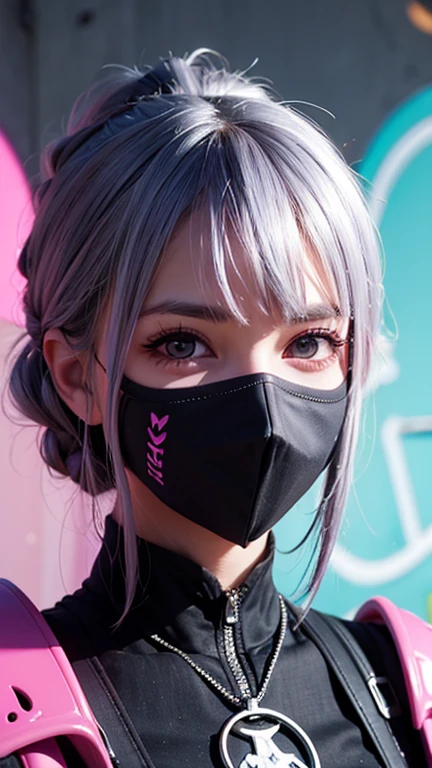   detailed background  , masterpiece, Best Quality, smile,  t I , Food,  PORTRAIT, Neon Pink, Graffiti, dark,  Knight , Bright Eyes, Purple light,Black Mask,Silver Hair